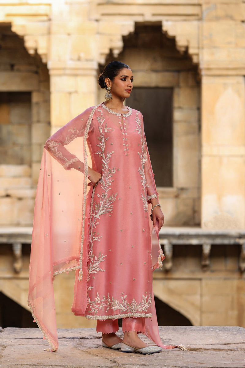 Vaayu Pink Phool Patti Kurta Set organza , silk tencel kurta/kurta set by Niti Bothra in pink for women in Singapore
