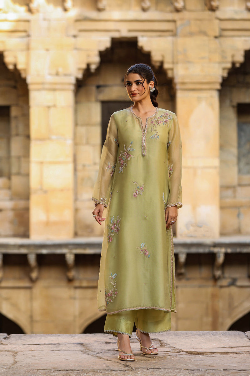 Vaayu Green Phool Kurta Set organza , silk tencel kurta/kurta set by Niti Bothra in green for women in Singapore