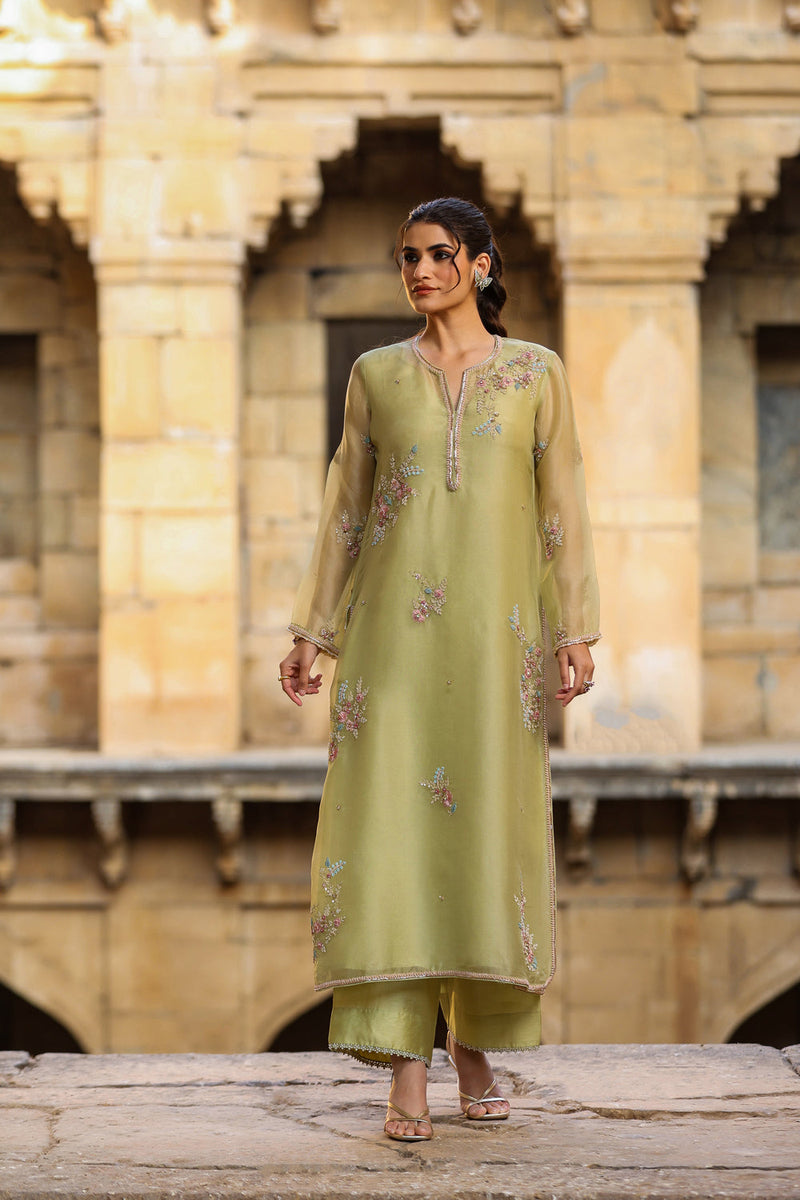 Vaayu Green Phool Kurta Set organza , silk tencel kurta/kurta set by Niti Bothra in green for women in Singapore