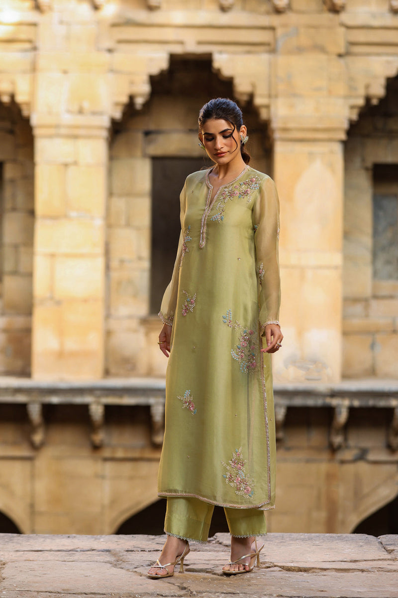 Vaayu Green Phool Kurta Set organza , silk tencel kurta/kurta set by Niti Bothra in green for women in Singapore