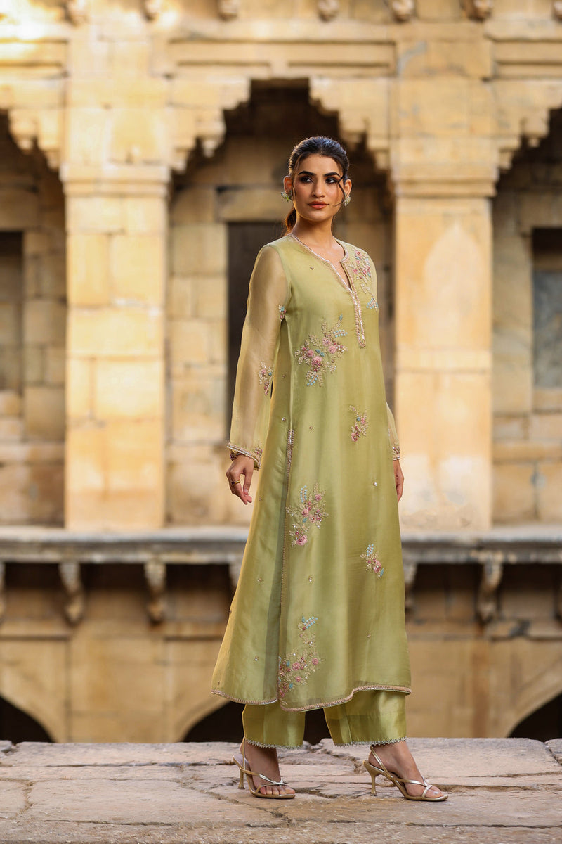 Vaayu Green Phool Kurta Set organza , silk tencel kurta/kurta set by Niti Bothra in green for women in Singapore