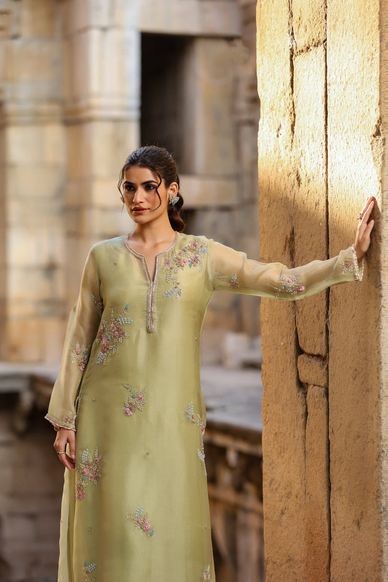 Vaayu Green Phool Kurta Set organza , silk tencel kurta/kurta set by Niti Bothra in green for women in Singapore