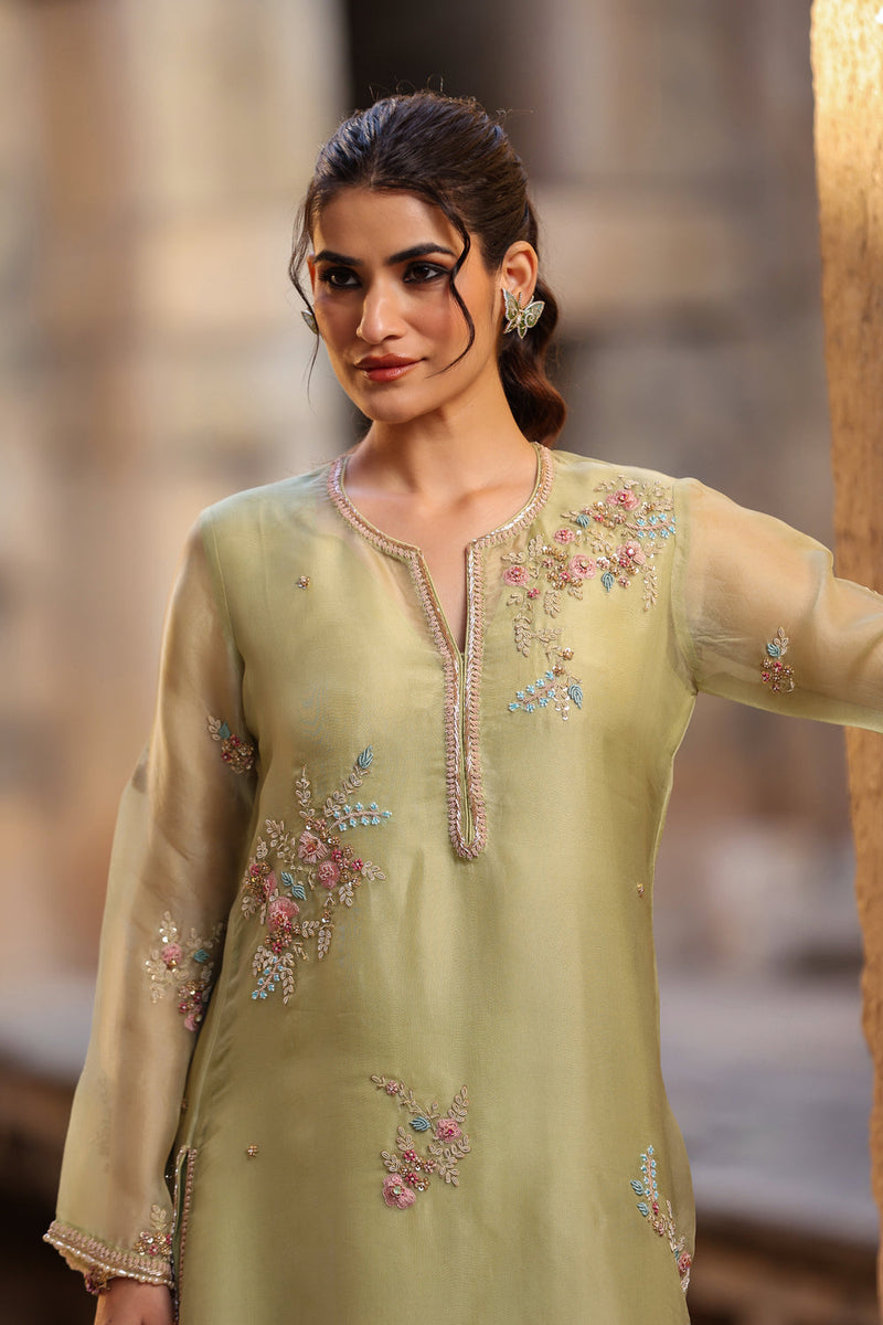 Vaayu Green Phool Kurta Set organza , silk tencel kurta/kurta set by Niti Bothra in green for women in Singapore