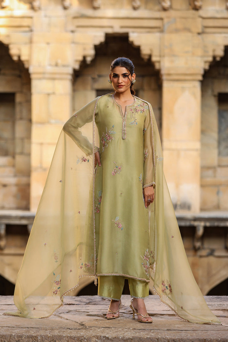 Vaayu Green Phool Kurta Set organza , silk tencel kurta/kurta set by Niti Bothra in green for women in Singapore