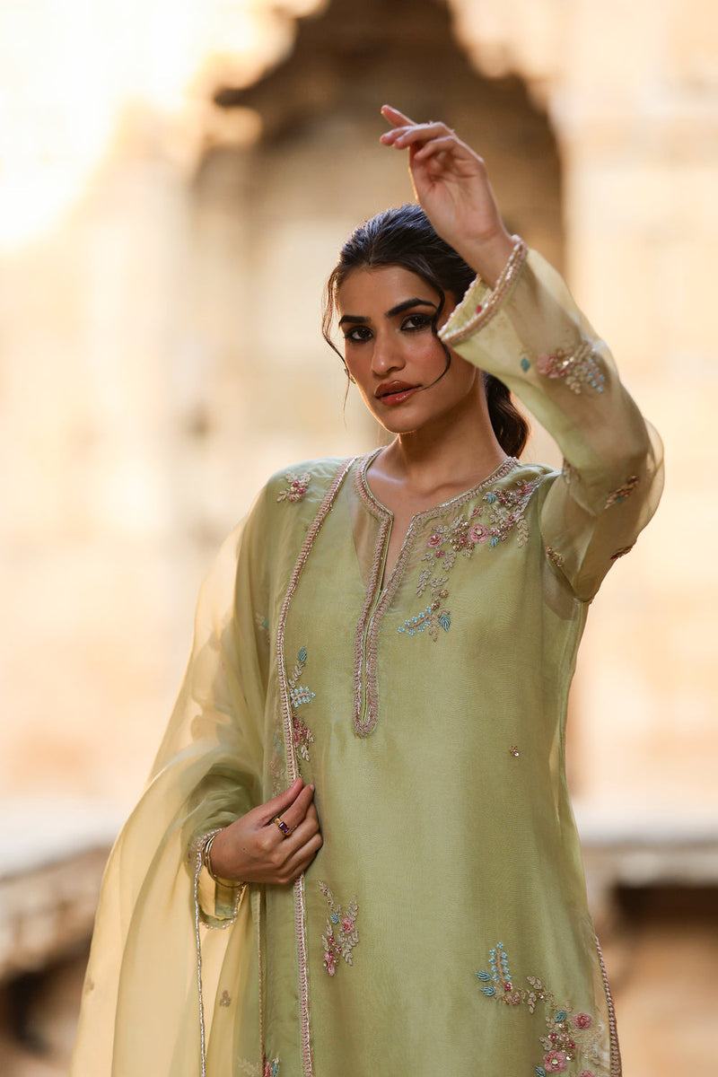 Vaayu Green Phool Kurta Set organza , silk tencel kurta/kurta set by Niti Bothra in green for women in Singapore
