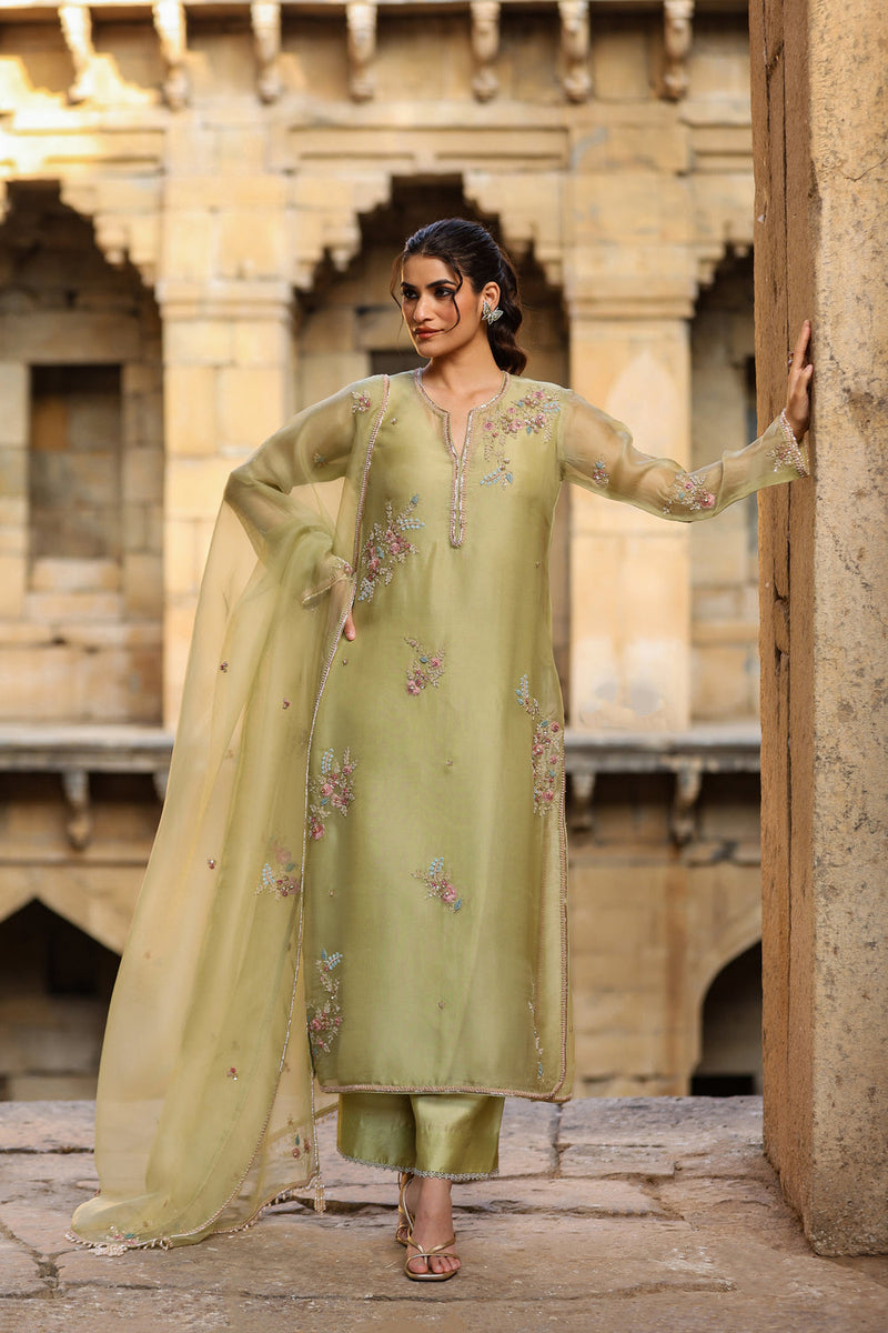 Vaayu Green Phool Kurta Set organza , silk tencel kurta/kurta set by Niti Bothra in green for women in Singapore