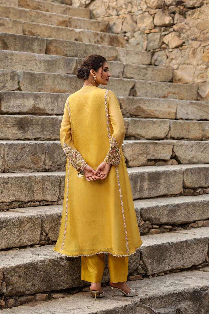 Vaayu Yellow Heavy Pheran Kurta Set organza , silk tencel kurta/kurta set by Niti Bothra in yellow for women in Singapore