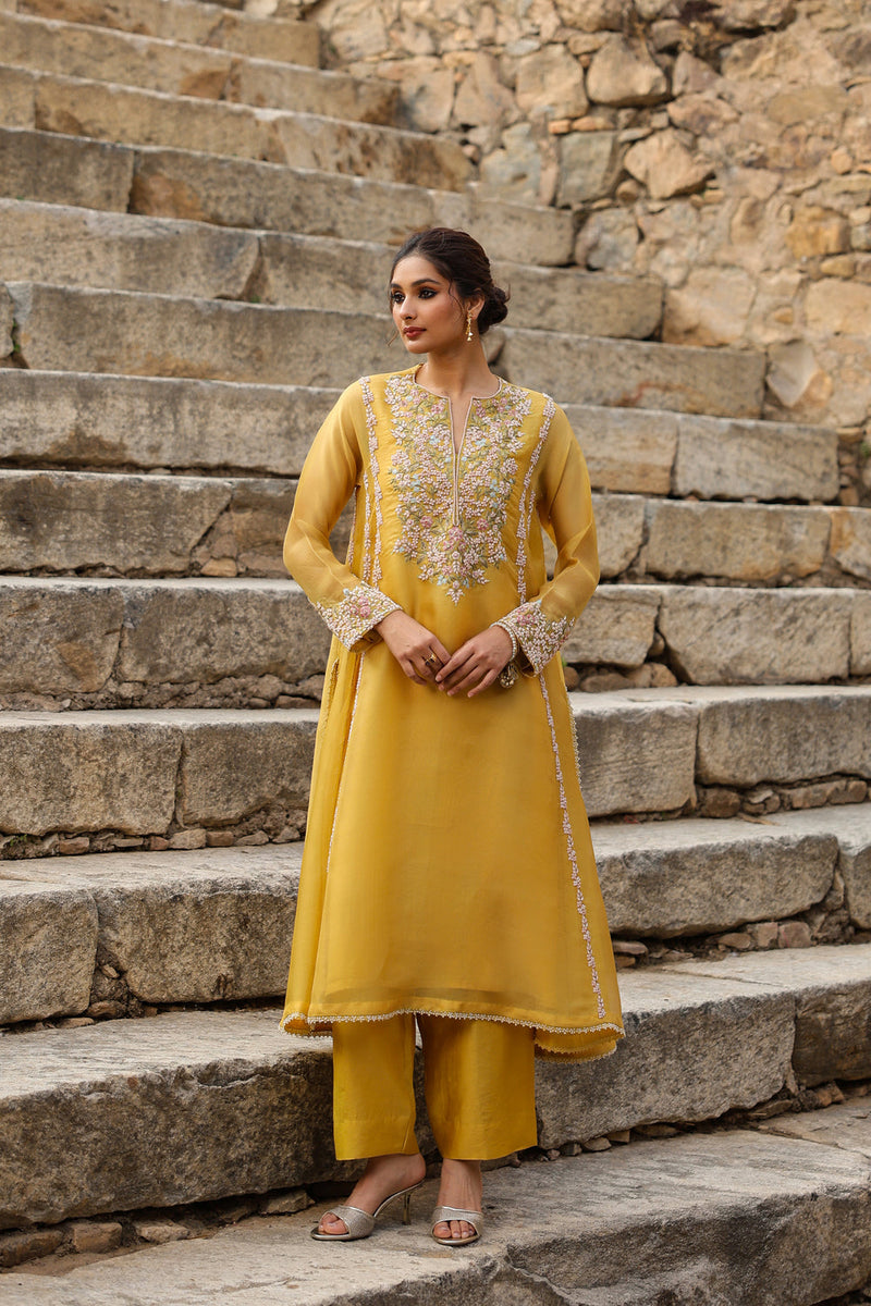 Vaayu Yellow Heavy Pheran Kurta Set organza , silk tencel kurta/kurta set by Niti Bothra in yellow for women in Singapore