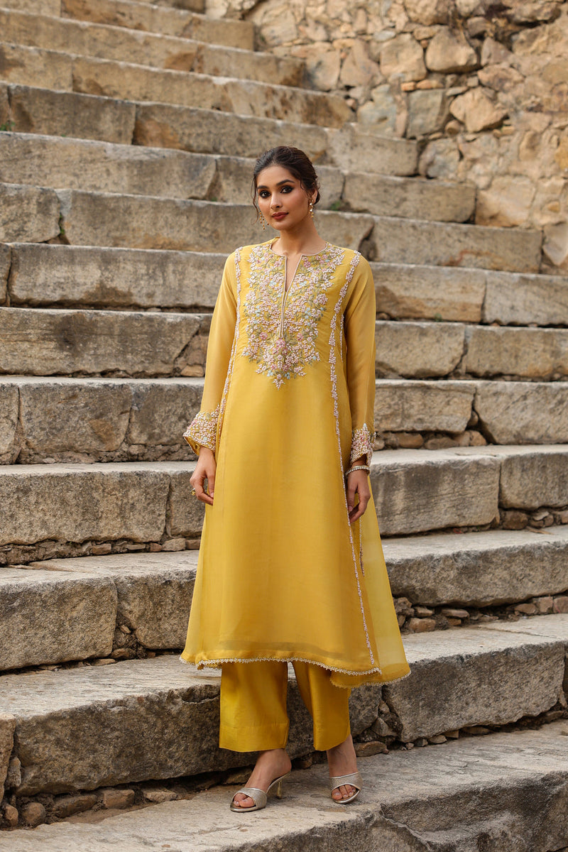 Vaayu Yellow Heavy Pheran Kurta Set organza , silk tencel kurta/kurta set by Niti Bothra in yellow for women in Singapore