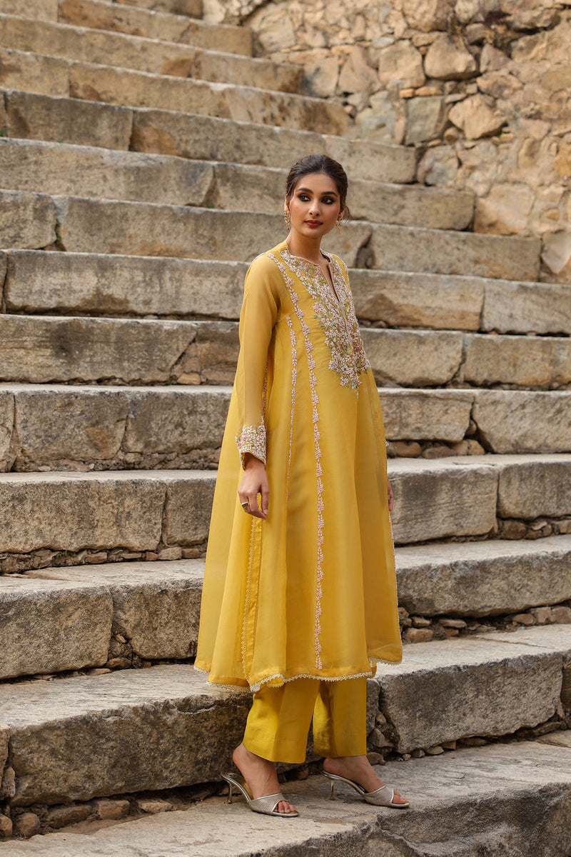 Vaayu Yellow Heavy Pheran Kurta Set organza , silk tencel kurta/kurta set by Niti Bothra in yellow for women in Singapore
