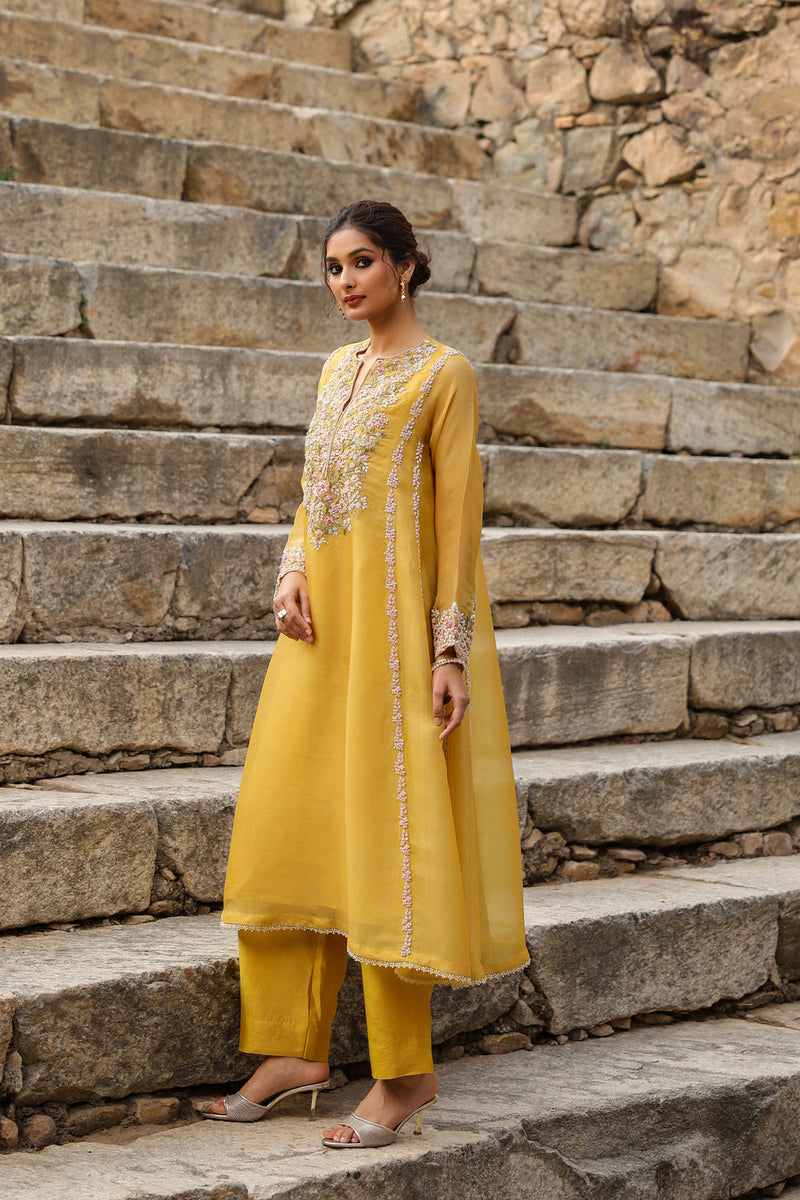 Vaayu Yellow Heavy Pheran Kurta Set organza , silk tencel kurta/kurta set by Niti Bothra in yellow for women in Singapore