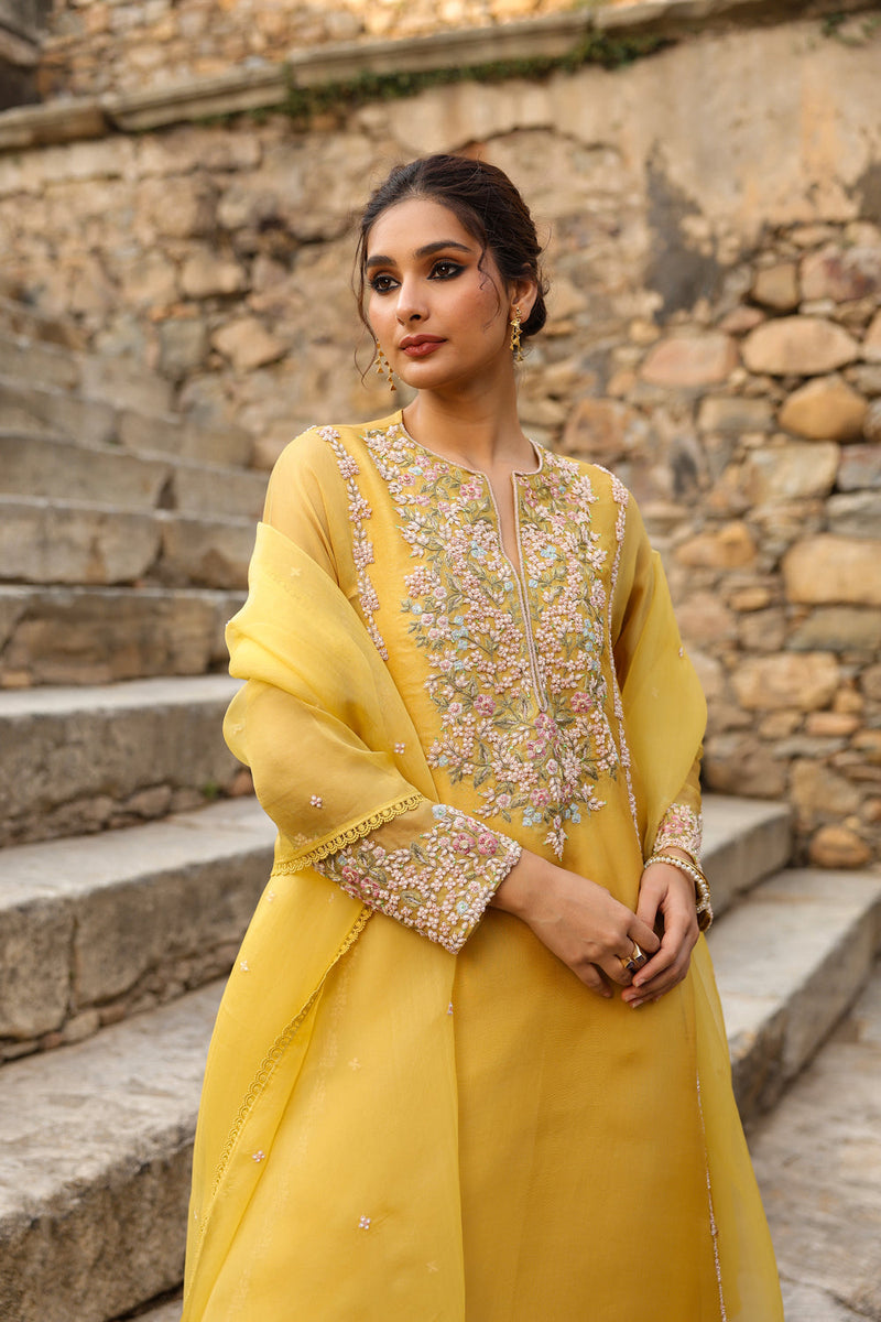 Vaayu Yellow Heavy Pheran Kurta Set organza , silk tencel kurta/kurta set by Niti Bothra in yellow for women in Singapore