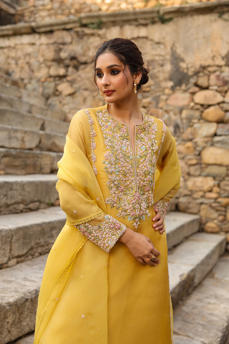 Vaayu Yellow Heavy Pheran Kurta Set organza , silk tencel kurta/kurta set by Niti Bothra in yellow for women in Singapore