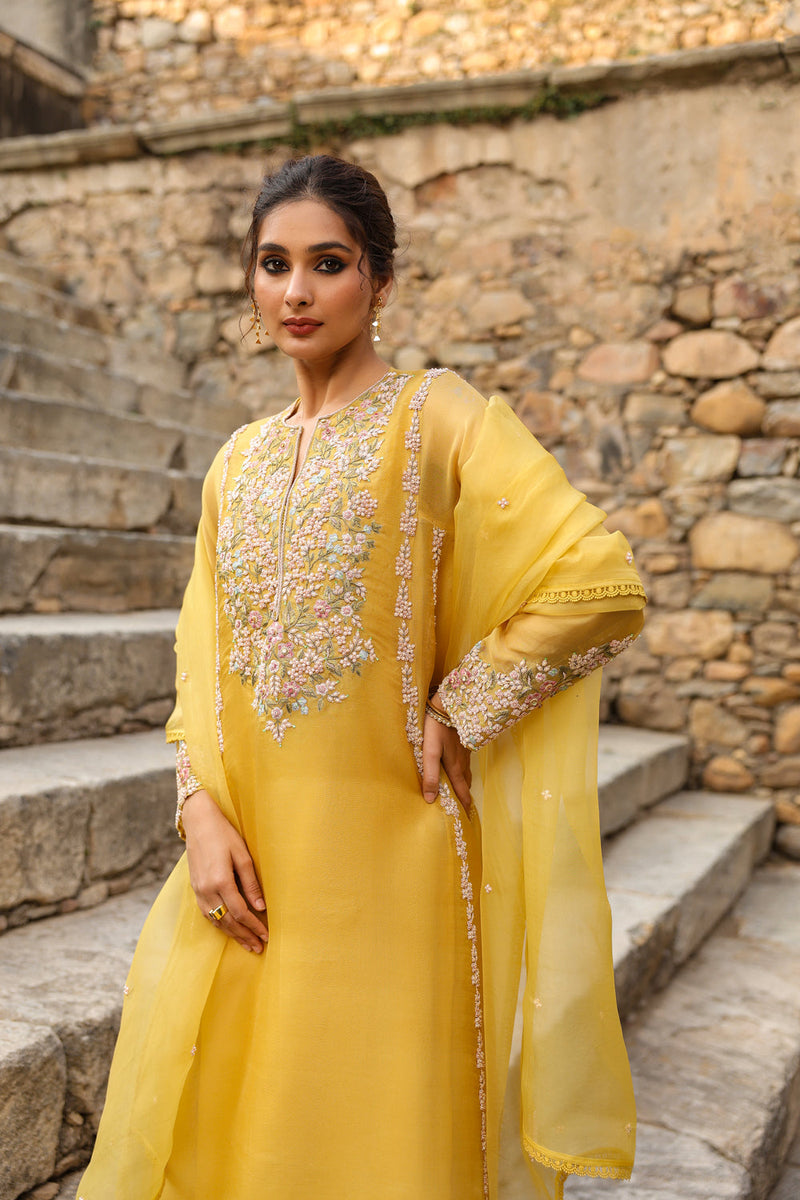 Vaayu Yellow Heavy Pheran Kurta Set organza , silk tencel kurta/kurta set by Niti Bothra in yellow for women in Singapore