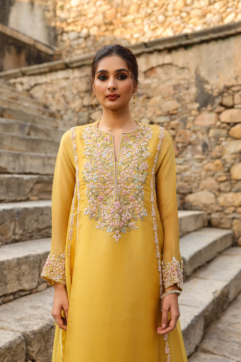 Vaayu Yellow Heavy Pheran Kurta Set organza , silk tencel kurta/kurta set by Niti Bothra in yellow for women in Singapore