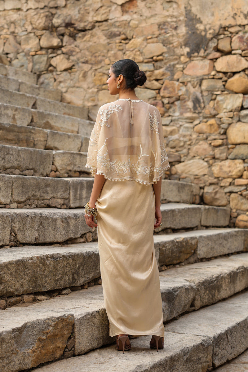 Vaayu Beige Cape Set dupion silk , organza kurta/kurta set by Niti Bothra in beige for women in Singapore