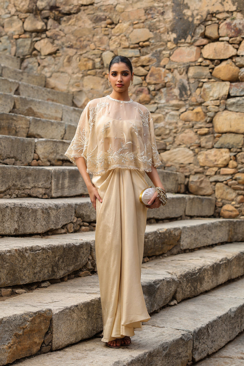 Vaayu Beige Cape Set dupion silk , organza kurta/kurta set by Niti Bothra in beige for women in Singapore