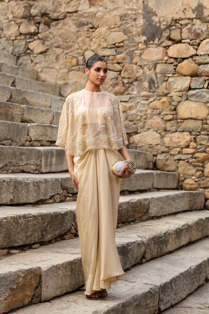 Vaayu Beige Cape Set dupion silk , organza kurta/kurta set by Niti Bothra in beige for women in Singapore