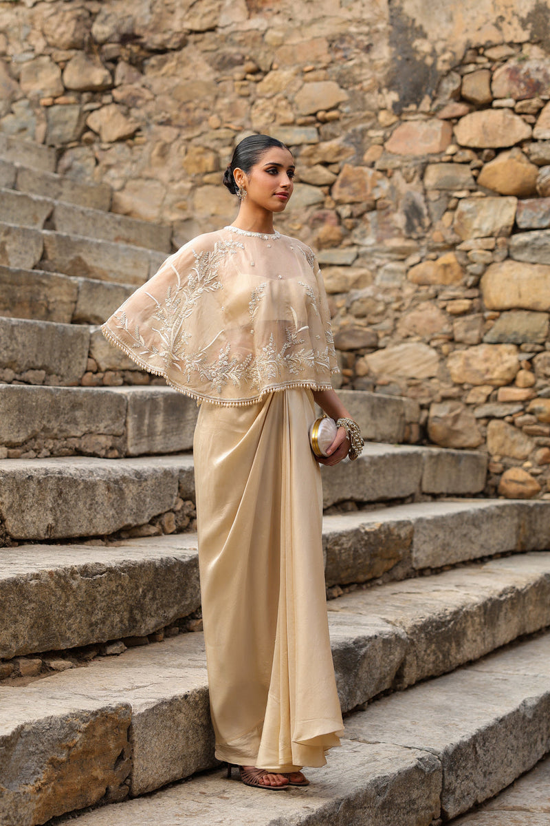 Vaayu Beige Cape Set dupion silk , organza kurta/kurta set by Niti Bothra in beige for women in Singapore