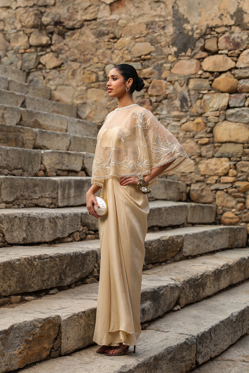 Vaayu Beige Cape Set dupion silk , organza kurta/kurta set by Niti Bothra in beige for women in Singapore