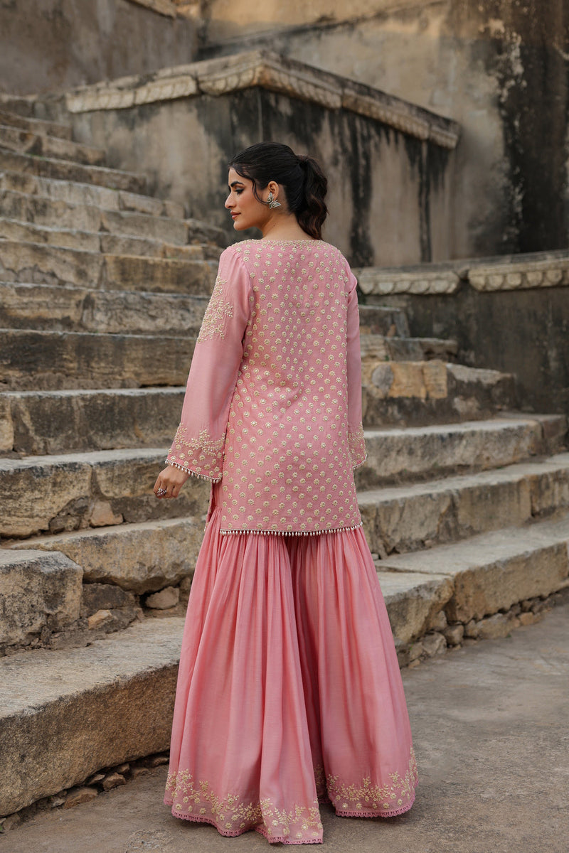 Vaayu Pink Buti Sharara Set silk modal kurta/kurta set by Niti Bothra in pink for women in Singapore