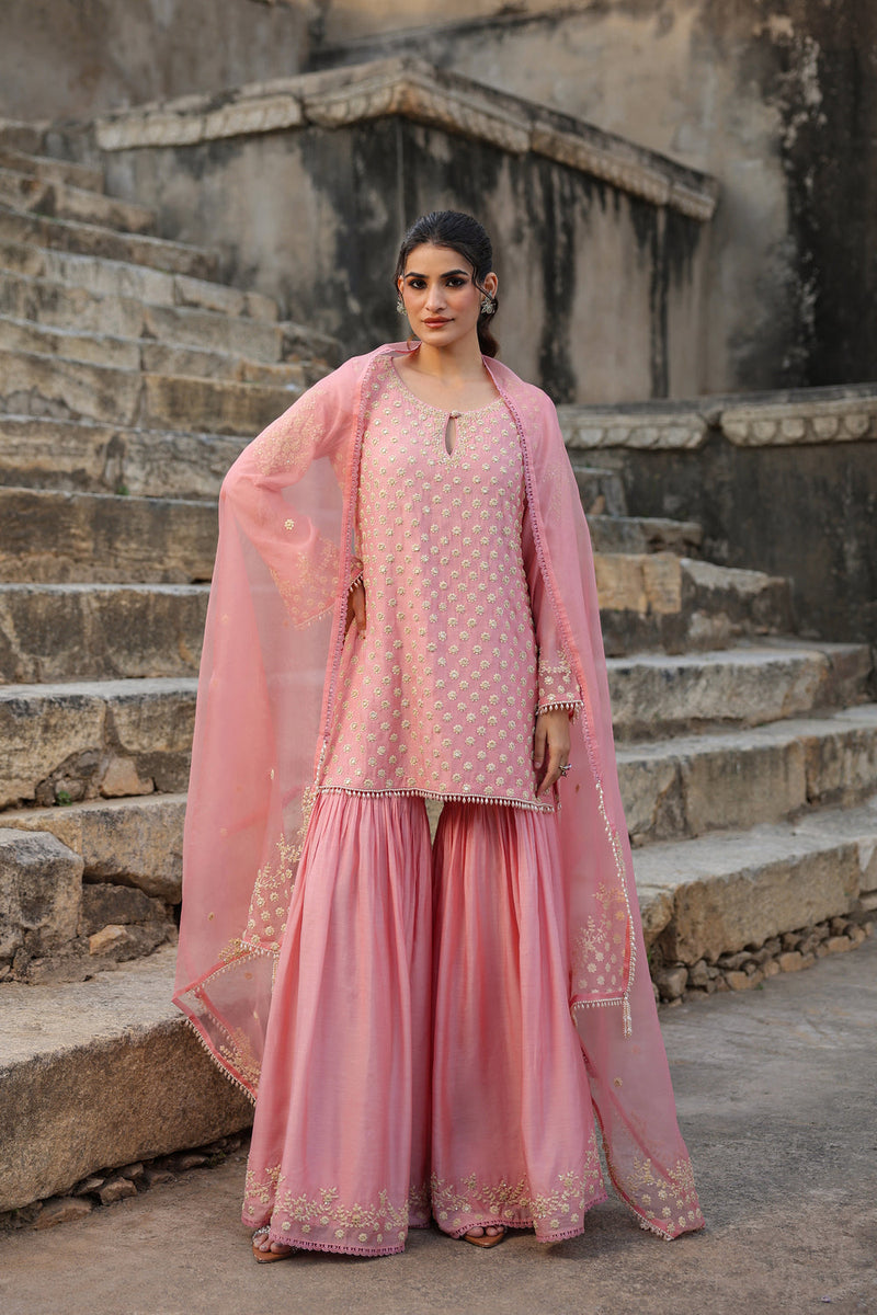Vaayu Pink Buti Sharara Set silk modal kurta/kurta set by Niti Bothra in pink for women in Singapore