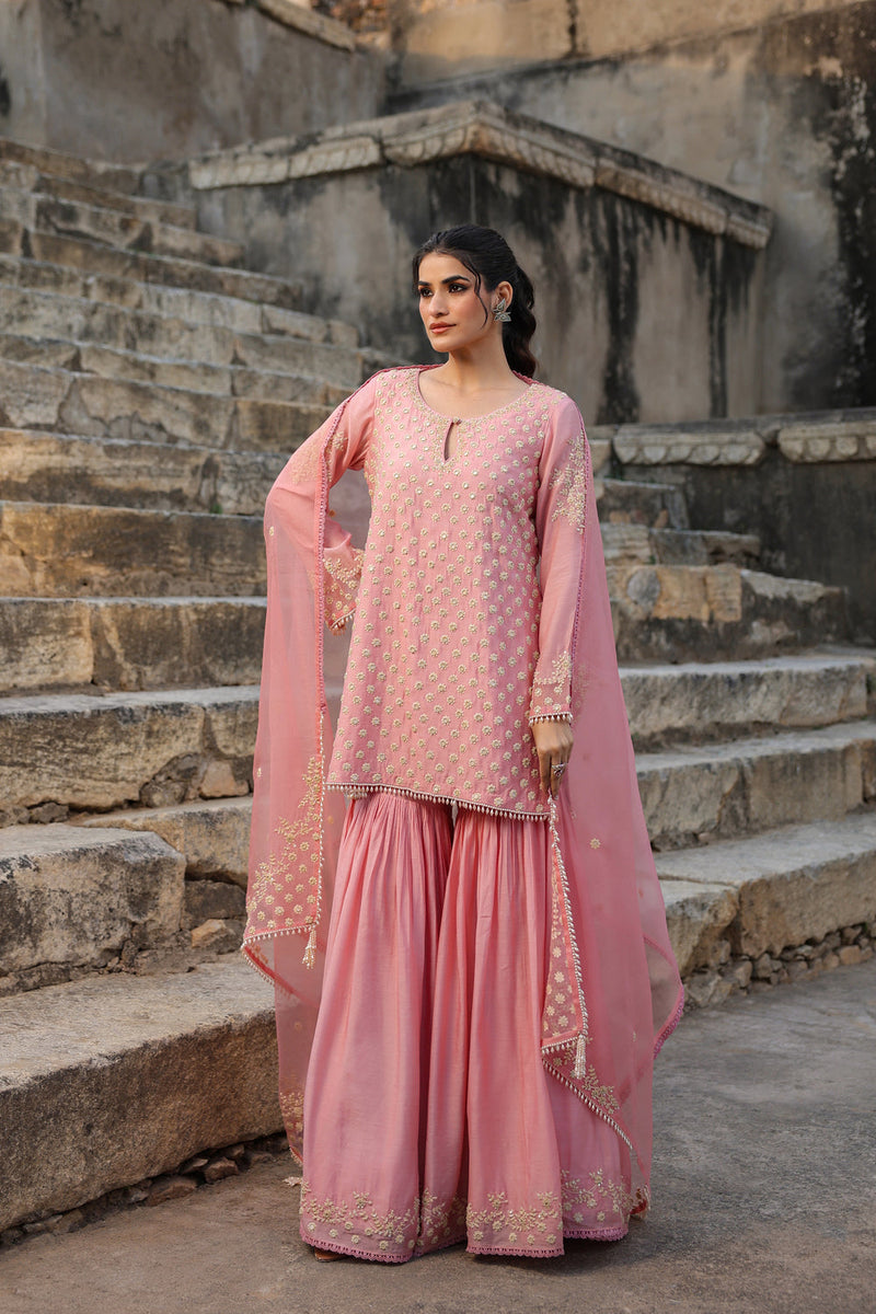 Vaayu Pink Buti Sharara Set silk modal kurta/kurta set by Niti Bothra in pink for women in Singapore