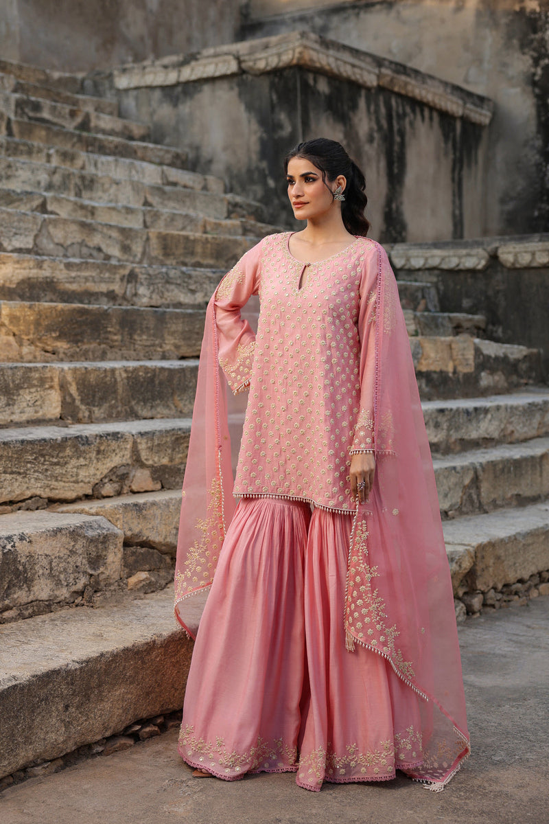 Vaayu Pink Buti Sharara Set silk modal kurta/kurta set by Niti Bothra in pink for women in Singapore