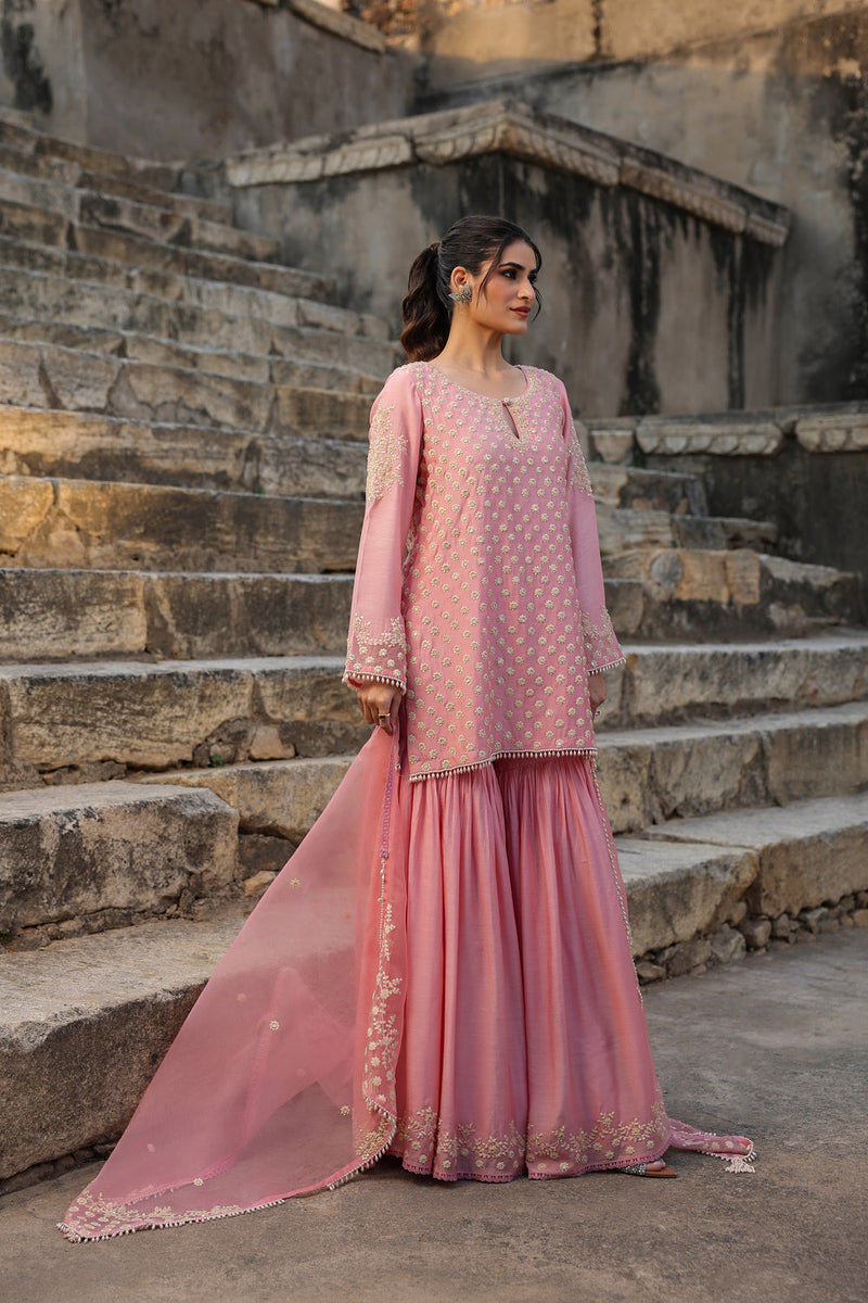 Vaayu Pink Buti Sharara Set silk modal kurta/kurta set by Niti Bothra in pink for women in Singapore