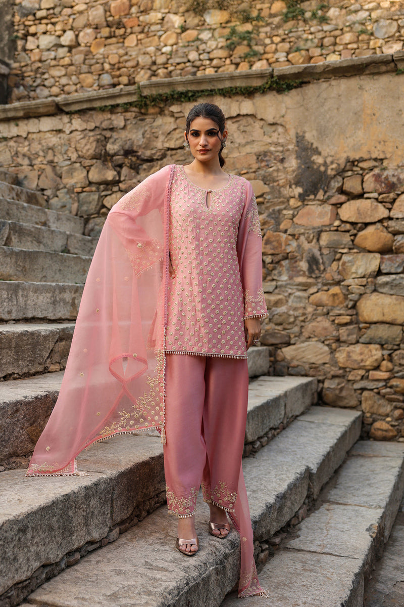 Vaayu Pink Buti Short Kurta Set silk modal kurta/kurta set by Niti Bothra in pink for women in Singapore