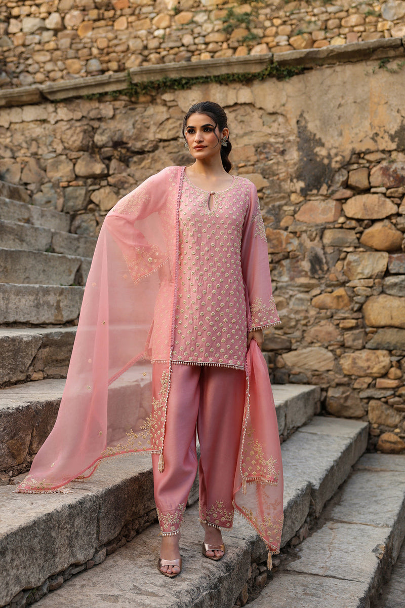 Vaayu Pink Buti Short Kurta Set silk modal kurta/kurta set by Niti Bothra in pink for women in Singapore