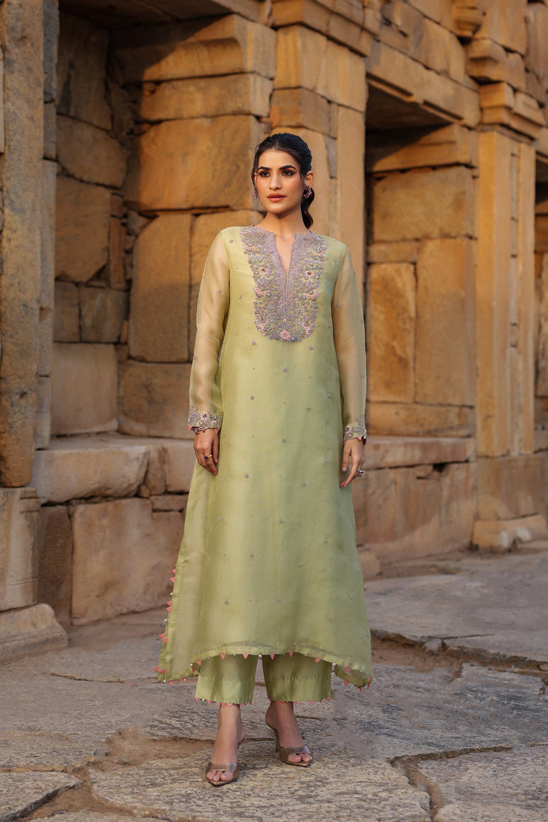 Vaayu Green Heavy Neck Kurta Set organza , silk tencel kurta/kurta set by Niti Bothra in green for women in Singapore
