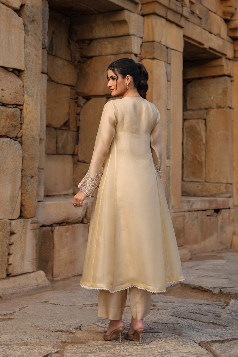 Vaayu Beige Pheran Kurta Set organza , silk tencel kurta/kurta set by Niti Bothra in beige for women in Singapore