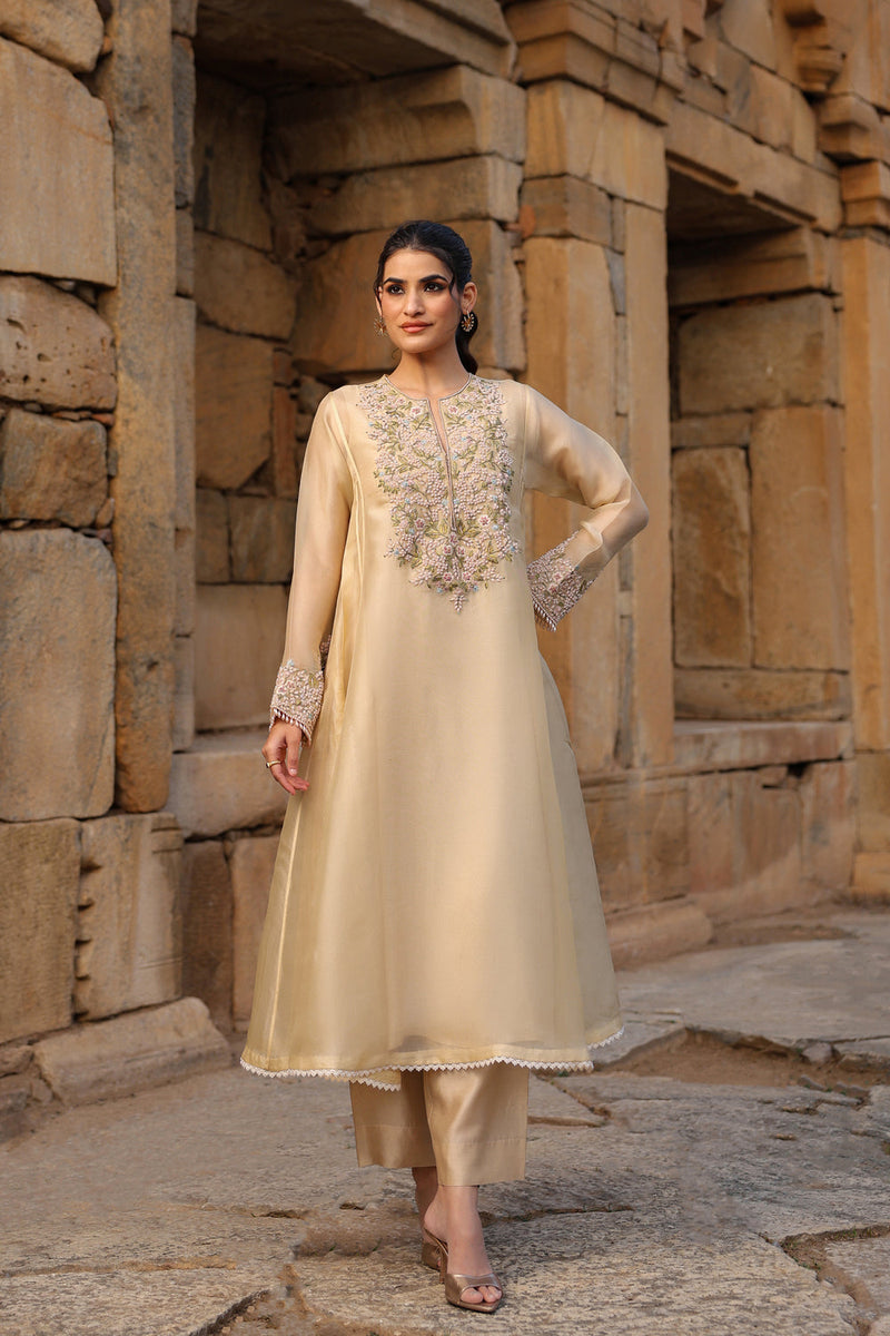 Vaayu Beige Pheran Kurta Set organza , silk tencel kurta/kurta set by Niti Bothra in beige for women in Singapore