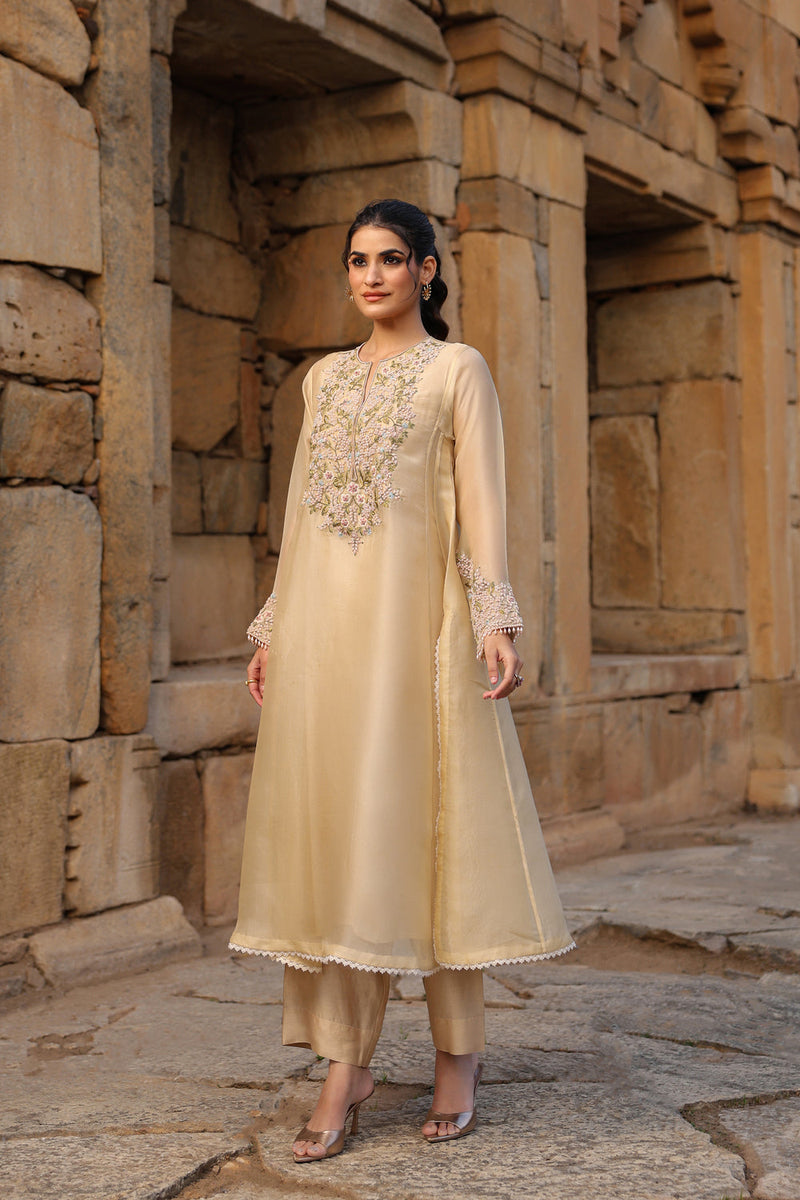Vaayu Beige Pheran Kurta Set organza , silk tencel kurta/kurta set by Niti Bothra in beige for women in Singapore