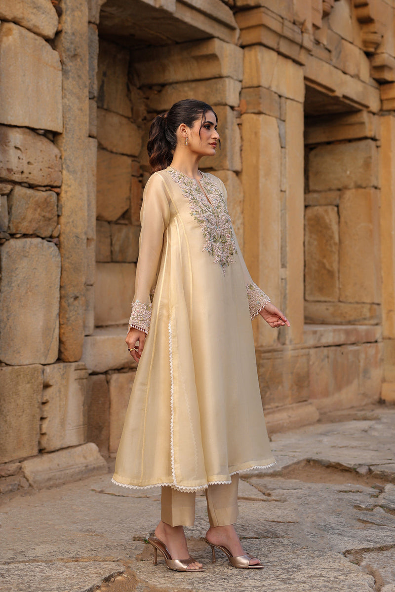 Vaayu Beige Pheran Kurta Set organza , silk tencel kurta/kurta set by Niti Bothra in beige for women in Singapore