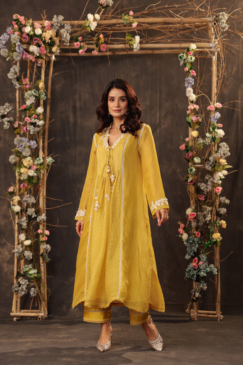 Vaayu Yellow Tie-up Kurta Set silk chanderi , silk tencel kurta/kurta set by Niti Bothra in yellow for women in Singapore