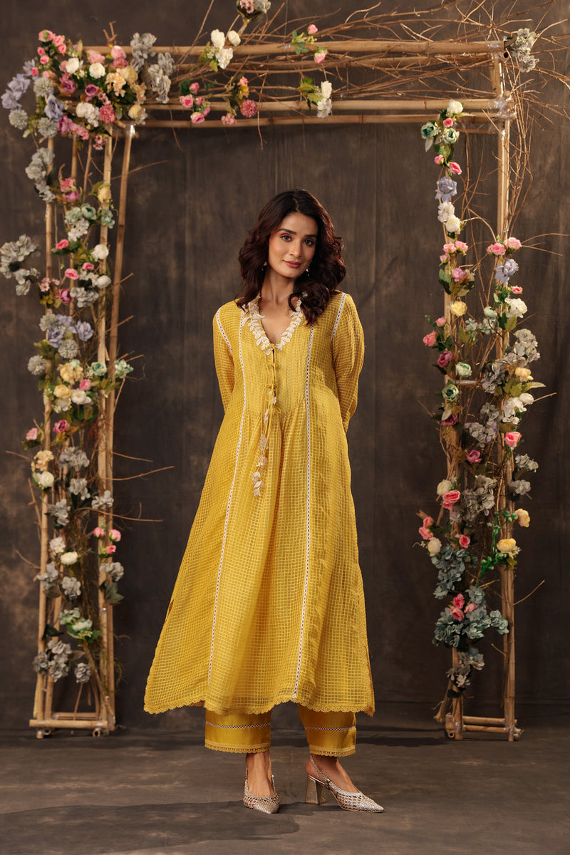 Vaayu Yellow Tie-up Kurta Set silk chanderi , silk tencel kurta/kurta set by Niti Bothra in yellow for women in Singapore