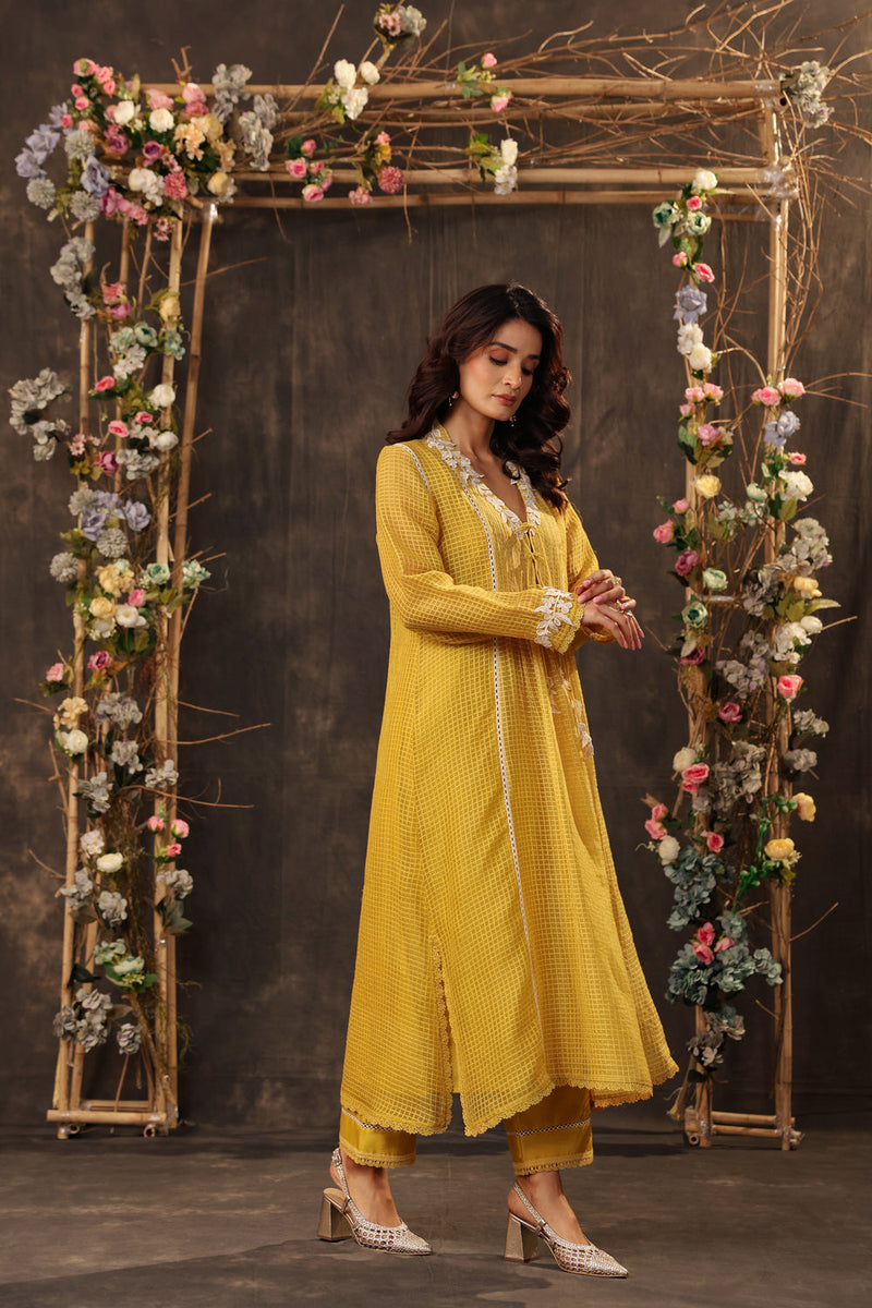 Vaayu Yellow Tie-up Kurta Set silk chanderi , silk tencel kurta/kurta set by Niti Bothra in yellow for women in Singapore