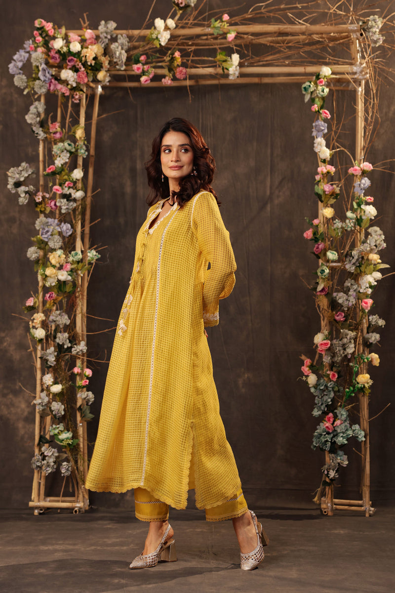 Vaayu Yellow Tie-up Kurta Set silk chanderi , silk tencel kurta/kurta set by Niti Bothra in yellow for women in Singapore