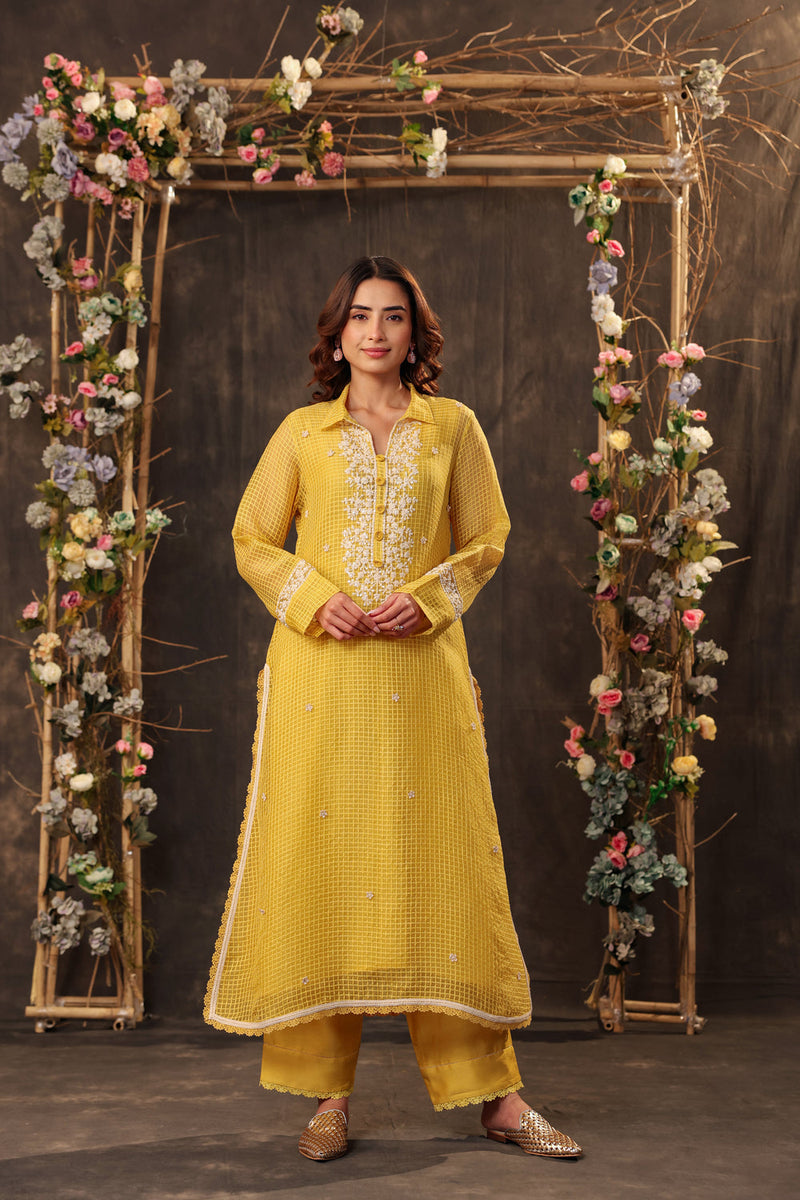 Vaayu Yellow Collar Kurta Set silk chanderi , silk tencel kurta/kurta set by Niti Bothra in yellow for women in Singapore
