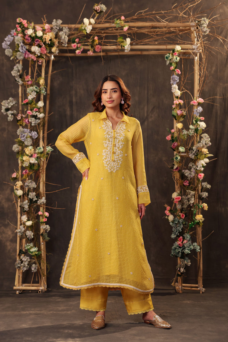 Vaayu Yellow Collar Kurta Set silk chanderi , silk tencel kurta/kurta set by Niti Bothra in yellow for women in Singapore