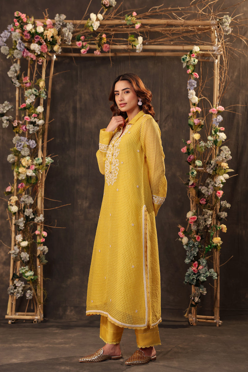 Vaayu Yellow Collar Kurta Set silk chanderi , silk tencel kurta/kurta set by Niti Bothra in yellow for women in Singapore