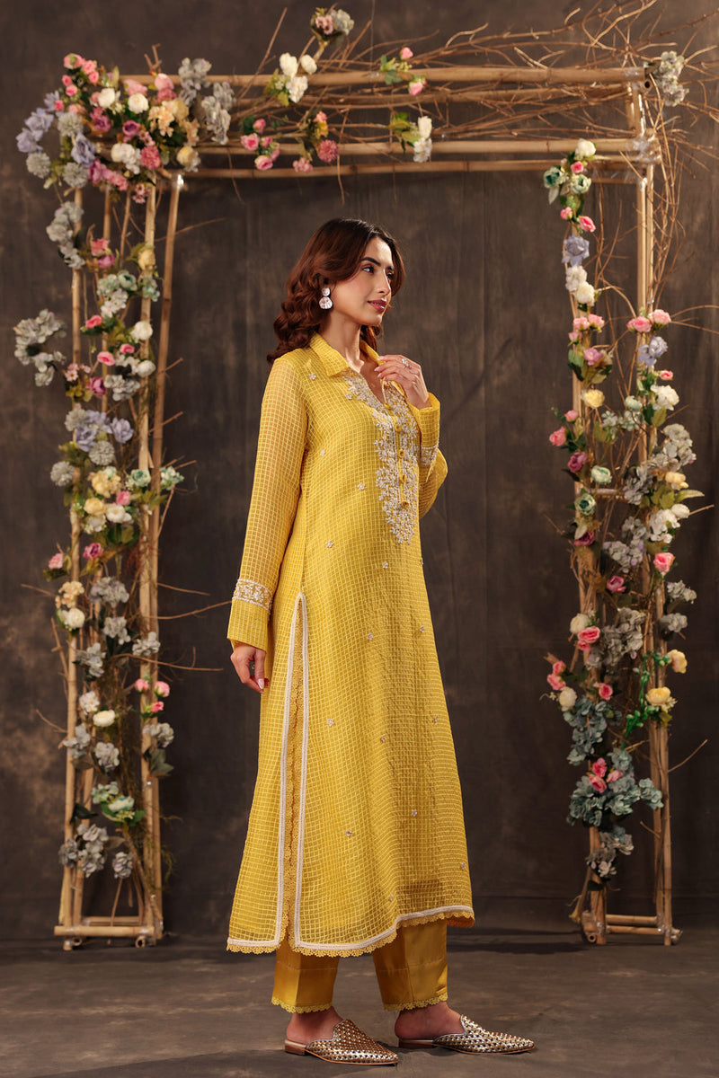 Vaayu Yellow Collar Kurta Set silk chanderi , silk tencel kurta/kurta set by Niti Bothra in yellow for women in Singapore