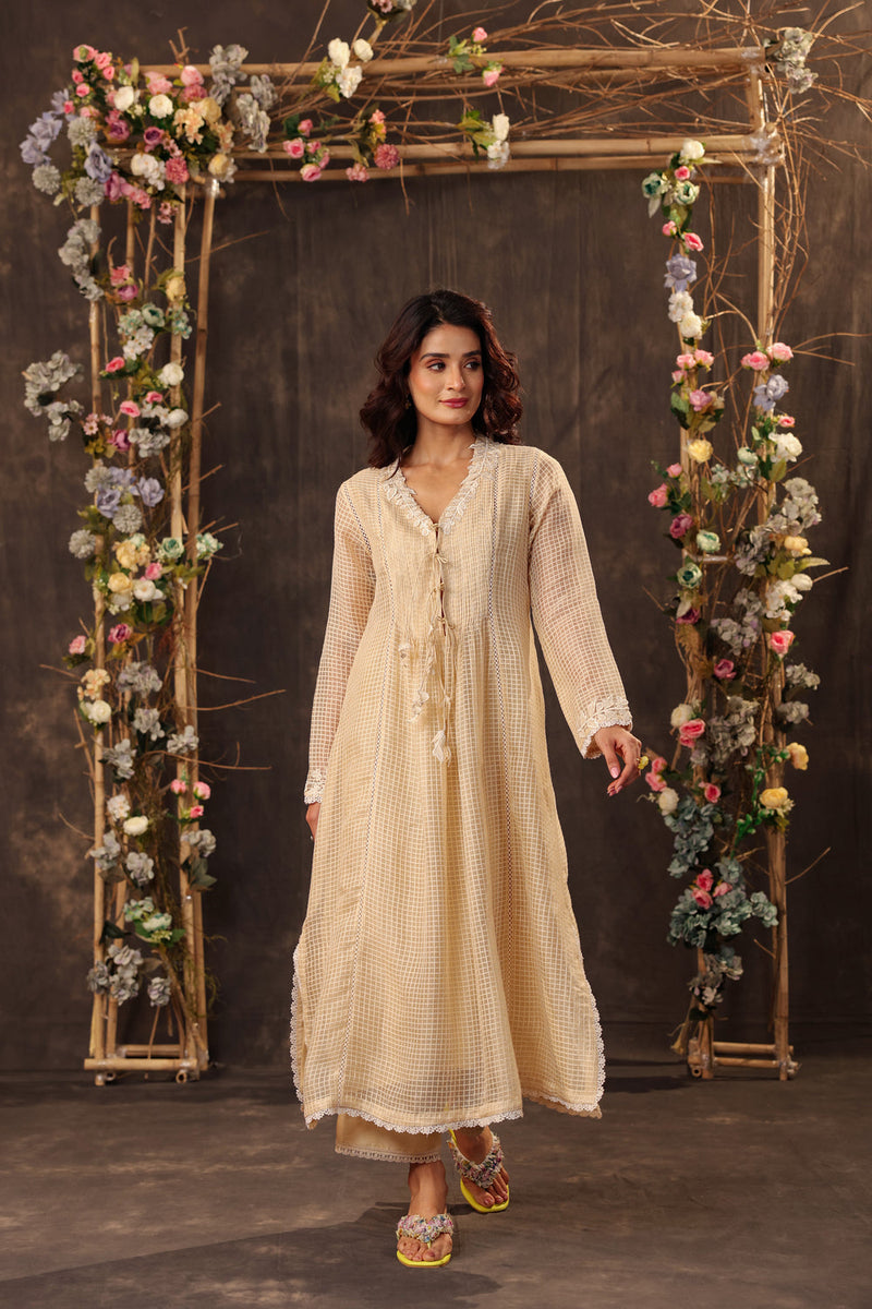 Vaayu Beige Tie-up Kurta Set silk chanderi , silk tencel kurta/kurta set by Niti Bothra in beige for women in Singapore