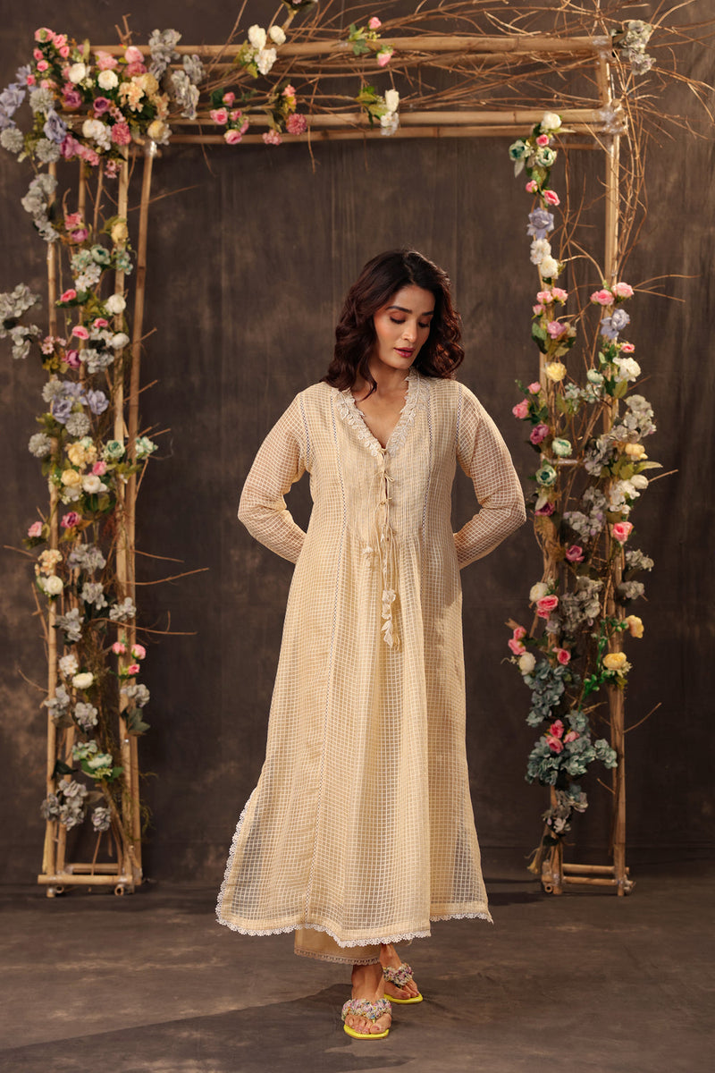 Vaayu Beige Tie-up Kurta Set silk chanderi , silk tencel kurta/kurta set by Niti Bothra in beige for women in Singapore