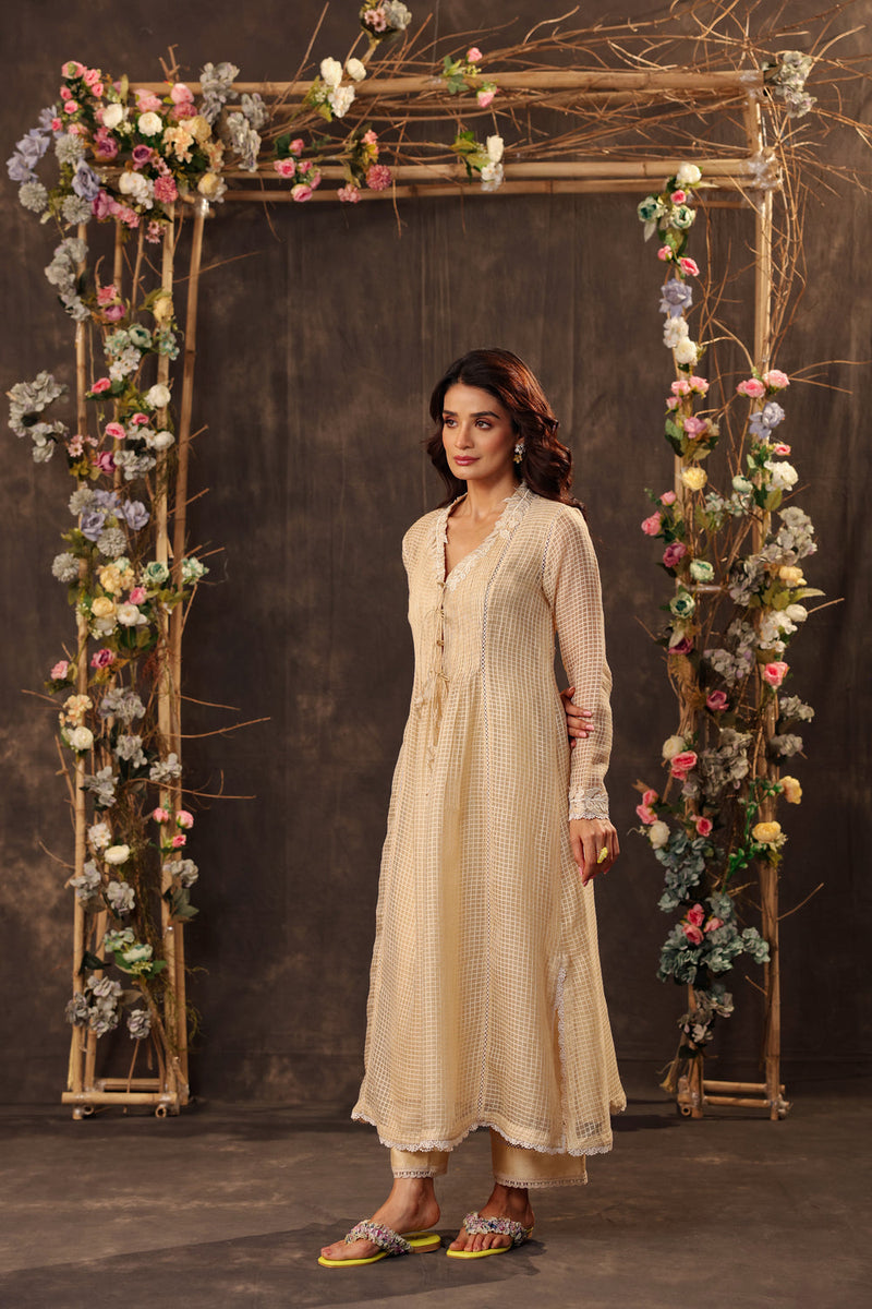 Vaayu Beige Tie-up Kurta Set silk chanderi , silk tencel kurta/kurta set by Niti Bothra in beige for women in Singapore