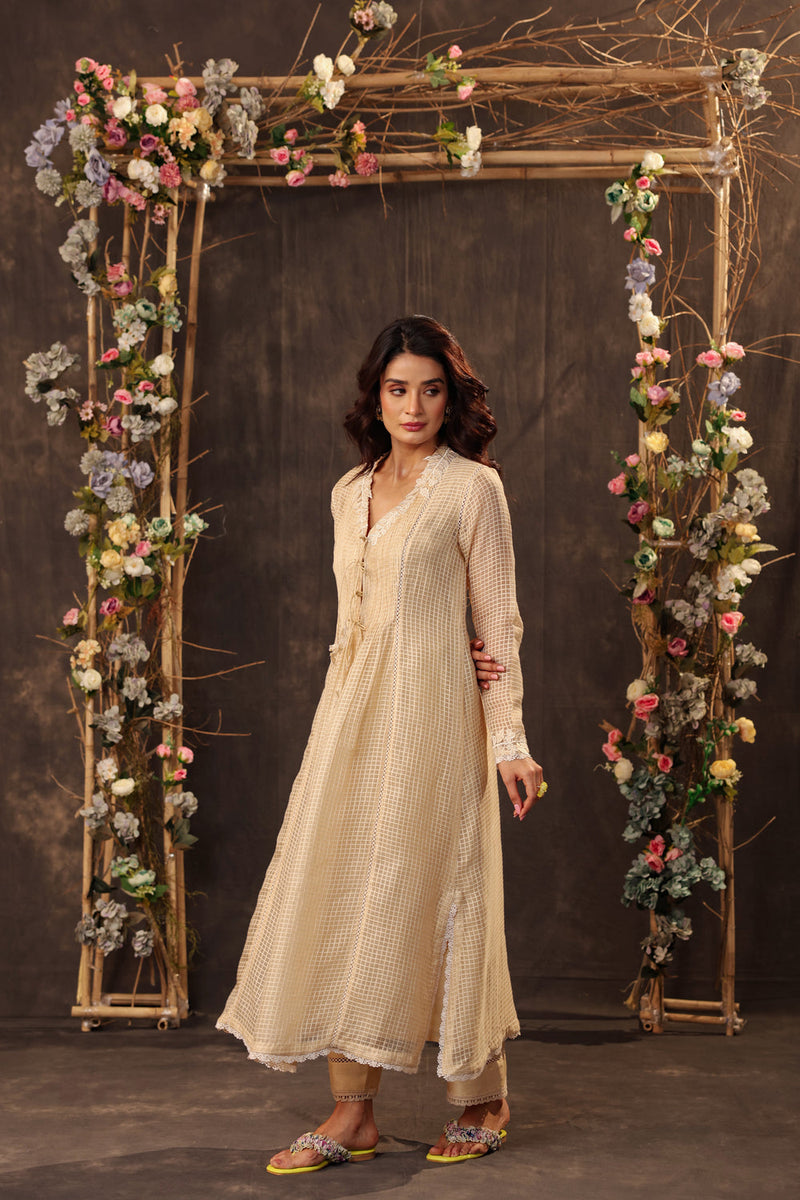 Vaayu Beige Tie-up Kurta Set silk chanderi , silk tencel kurta/kurta set by Niti Bothra in beige for women in Singapore