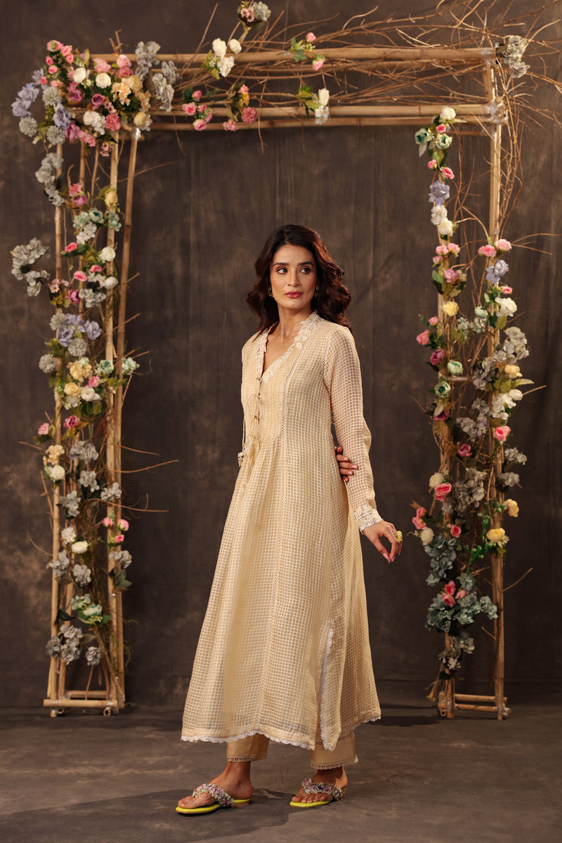 Vaayu Beige Tie-up Kurta Set silk chanderi , silk tencel kurta/kurta set by Niti Bothra in beige for women in Singapore