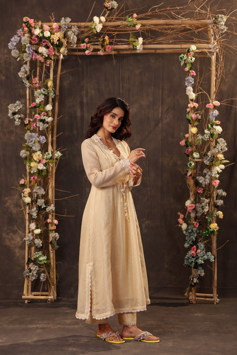 Vaayu Beige Tie-up Kurta Set silk chanderi , silk tencel kurta/kurta set by Niti Bothra in beige for women in Singapore